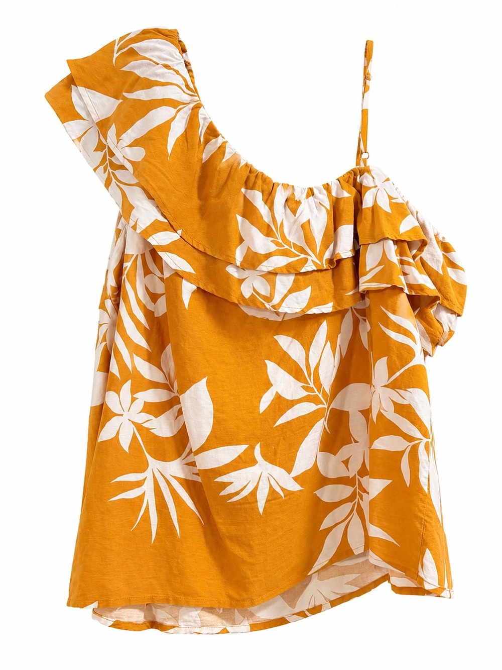 Old Navy Mustard Yellow One-Shoulder Ruffle Camisole with White Leaf Print